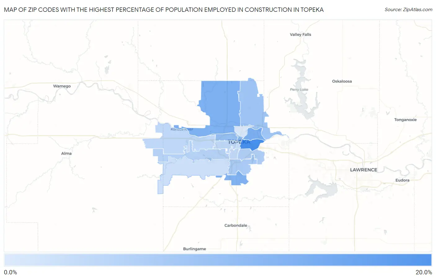 Zip Codes with the Highest Percentage of Population Employed in Construction in Topeka Map