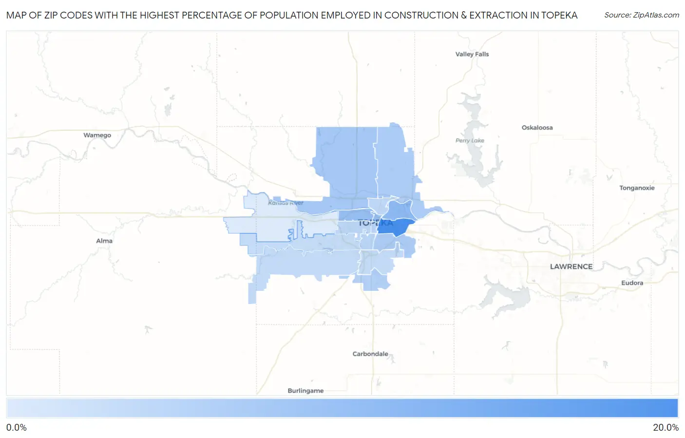 Zip Codes with the Highest Percentage of Population Employed in Construction & Extraction in Topeka Map