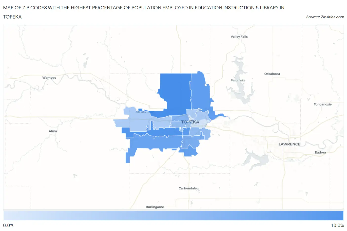 Zip Codes with the Highest Percentage of Population Employed in Education Instruction & Library in Topeka Map