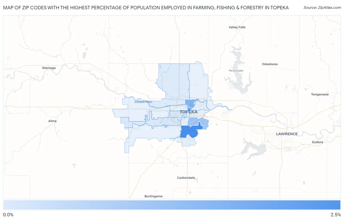 Zip Codes with the Highest Percentage of Population Employed in Farming, Fishing & Forestry in Topeka Map