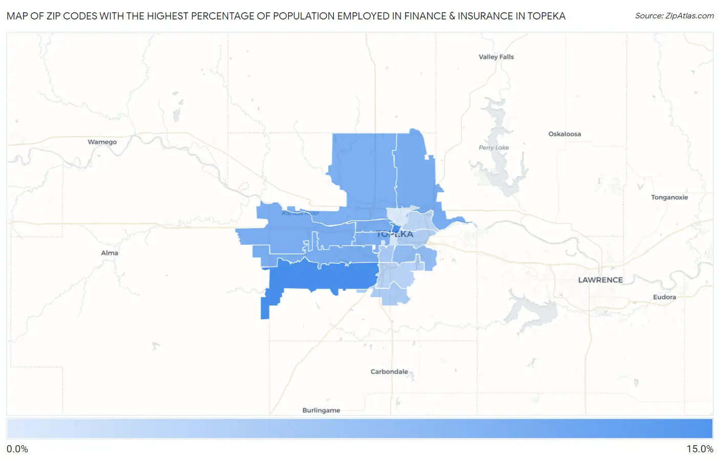 Zip Codes with the Highest Percentage of Population Employed in Finance & Insurance in Topeka Map