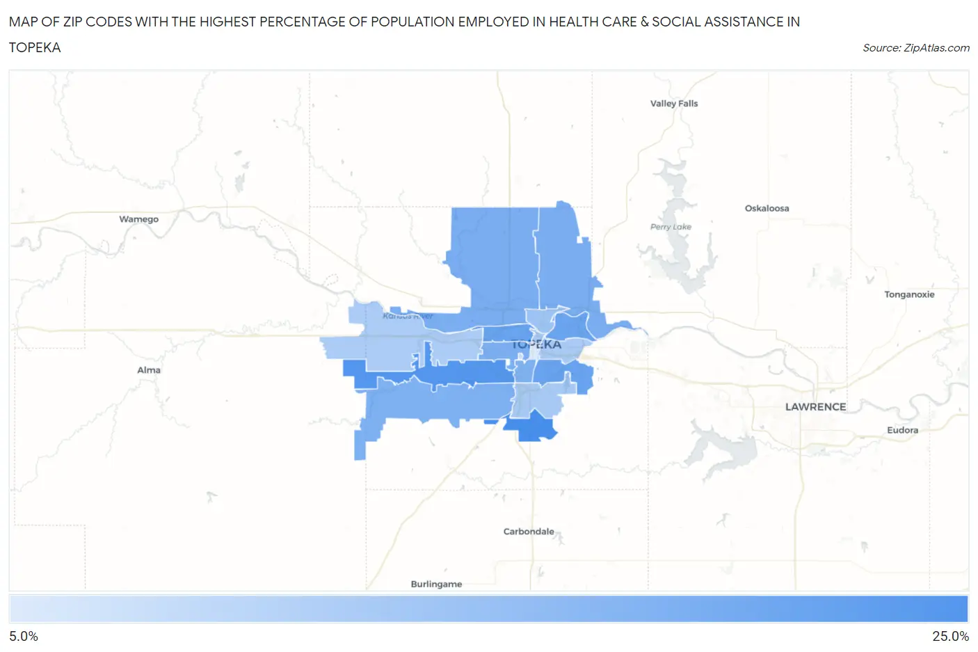 Zip Codes with the Highest Percentage of Population Employed in Health Care & Social Assistance in Topeka Map