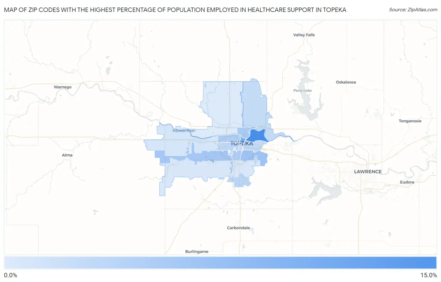 Zip Codes with the Highest Percentage of Population Employed in Healthcare Support in Topeka Map