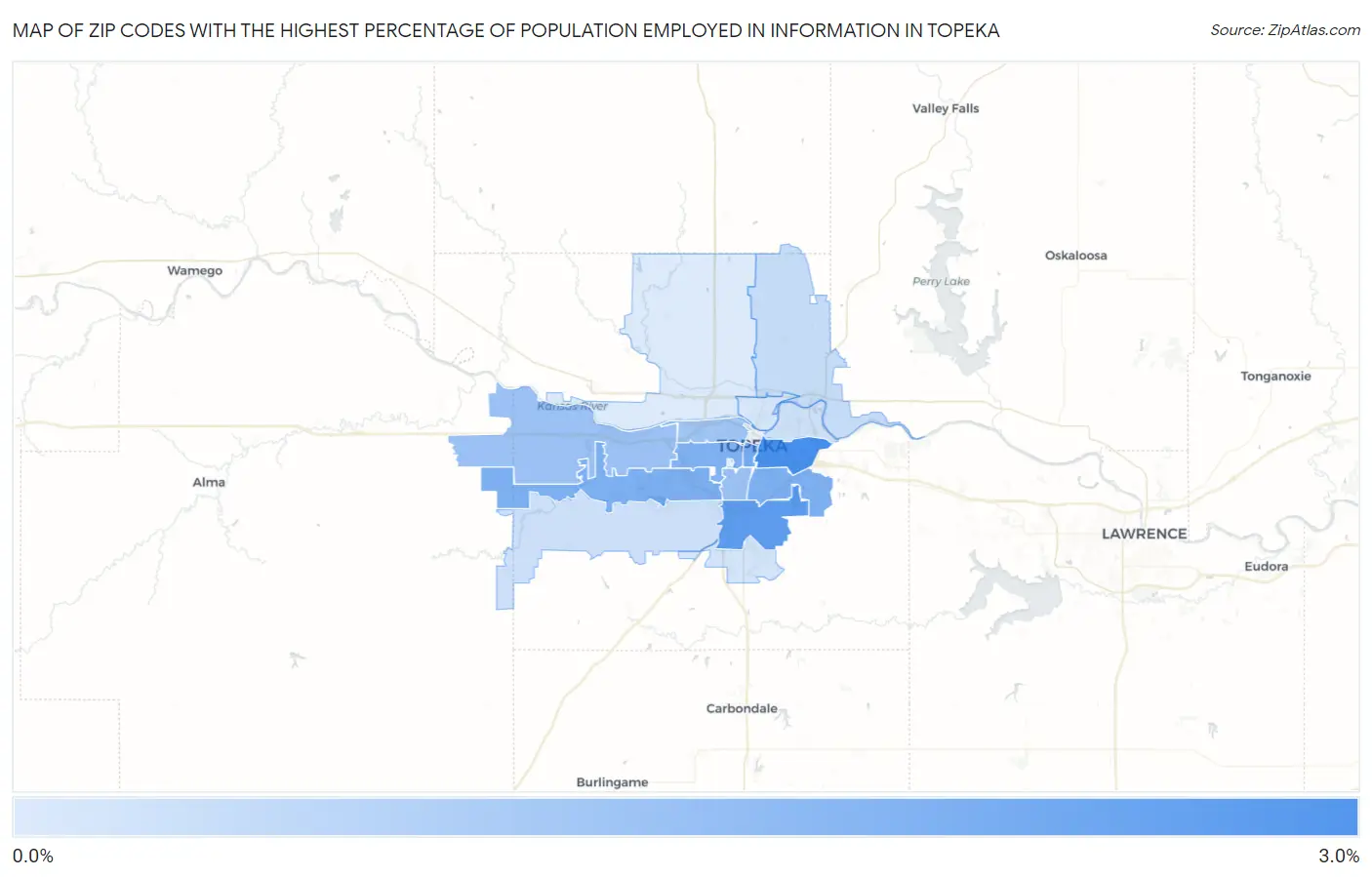 Zip Codes with the Highest Percentage of Population Employed in Information in Topeka Map