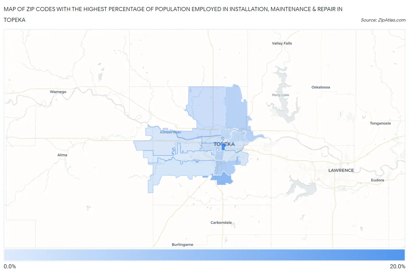 Zip Codes with the Highest Percentage of Population Employed in Installation, Maintenance & Repair in Topeka Map