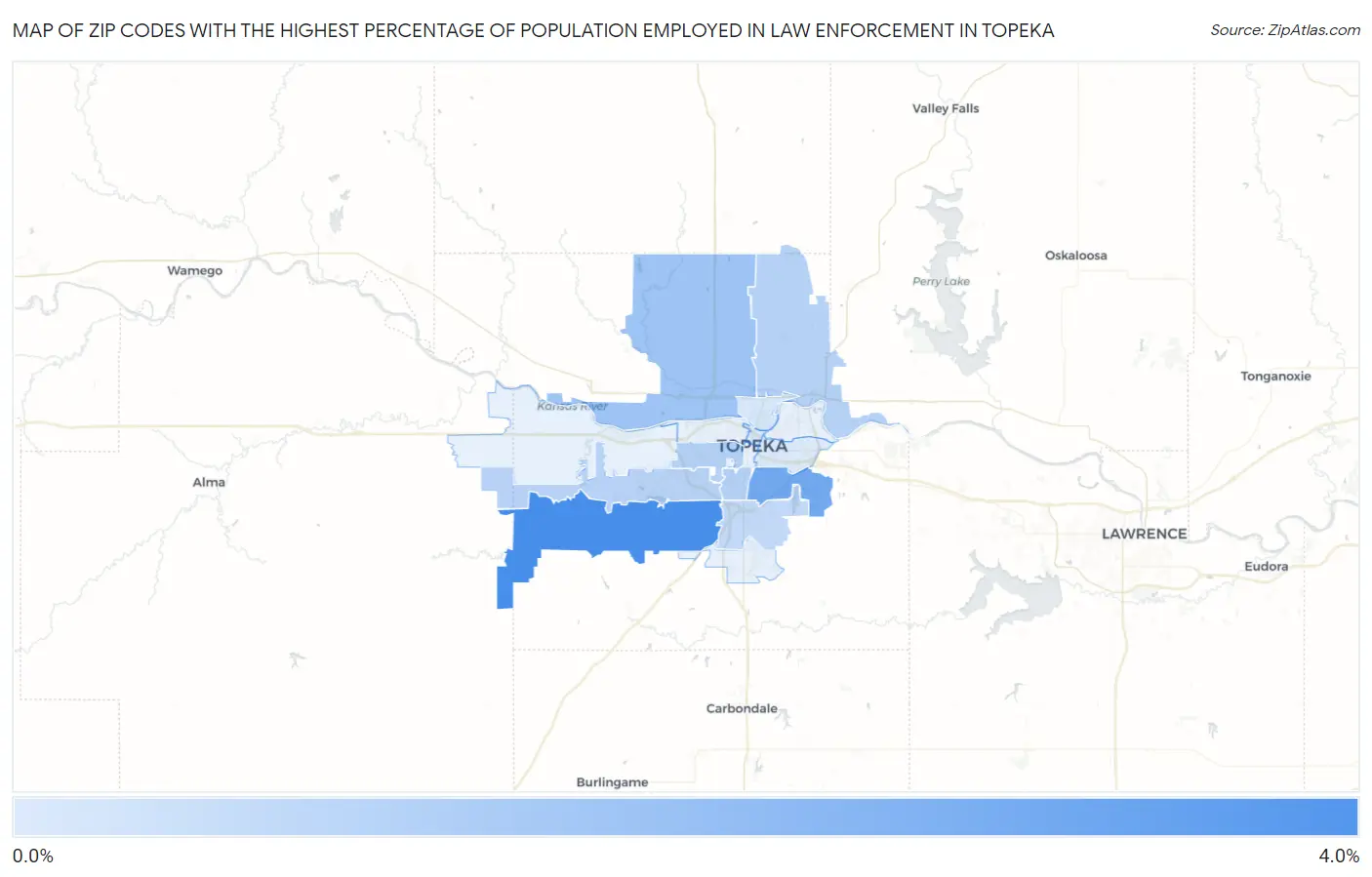Zip Codes with the Highest Percentage of Population Employed in Law Enforcement in Topeka Map