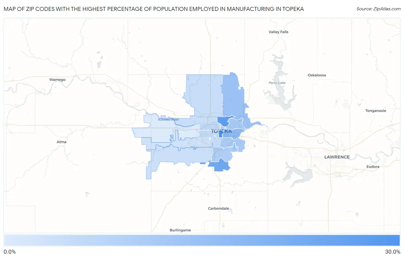 Zip Codes with the Highest Percentage of Population Employed in Manufacturing in Topeka Map