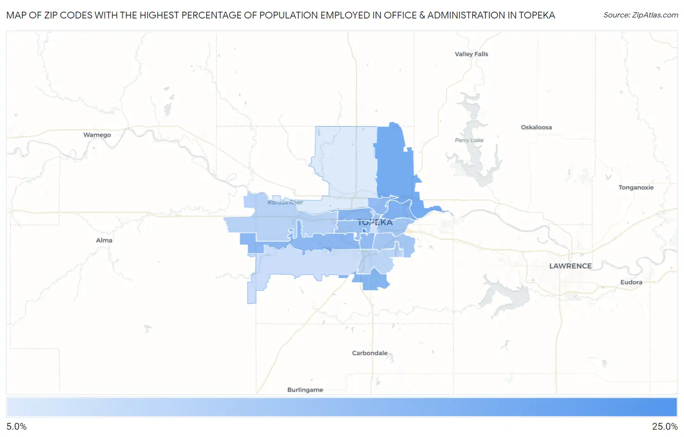 Zip Codes with the Highest Percentage of Population Employed in Office & Administration in Topeka Map