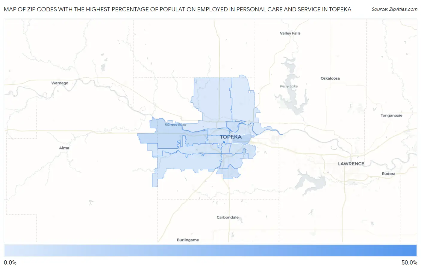 Zip Codes with the Highest Percentage of Population Employed in Personal Care and Service in Topeka Map