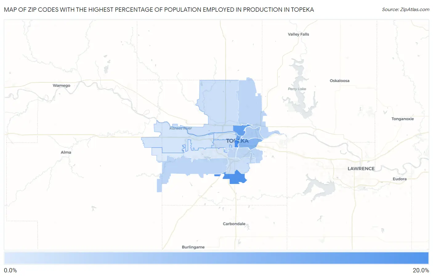 Zip Codes with the Highest Percentage of Population Employed in Production in Topeka Map