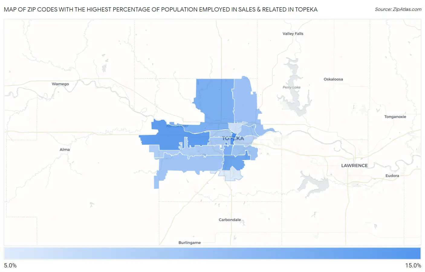 Zip Codes with the Highest Percentage of Population Employed in Sales & Related in Topeka Map
