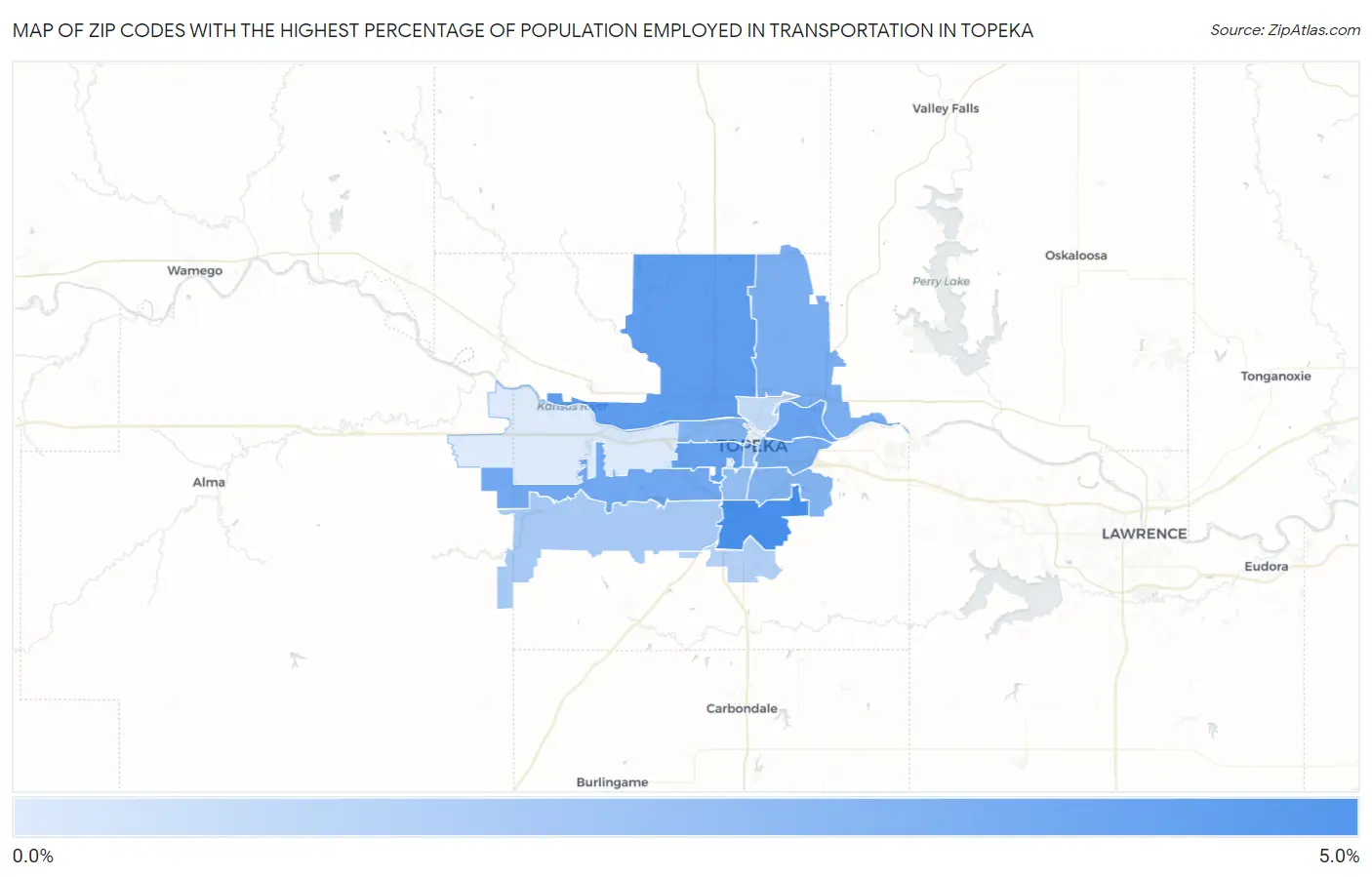 Zip Codes with the Highest Percentage of Population Employed in Transportation in Topeka Map