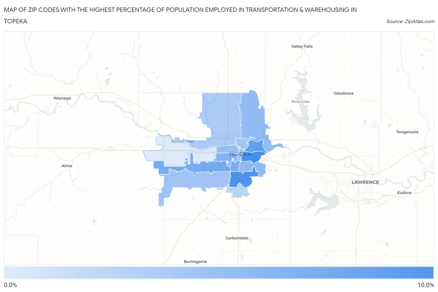 Zip Codes with the Highest Percentage of Population Employed in Transportation & Warehousing in Topeka Map