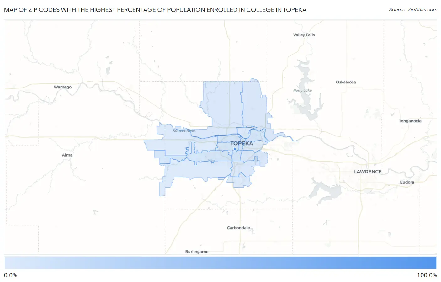 Zip Codes with the Highest Percentage of Population Enrolled in College in Topeka Map