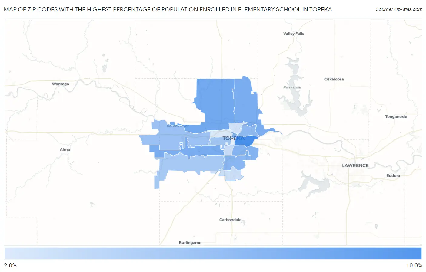 Zip Codes with the Highest Percentage of Population Enrolled in Elementary School in Topeka Map