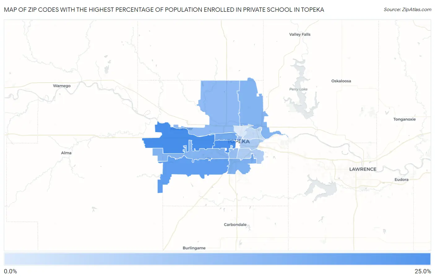 Zip Codes with the Highest Percentage of Population Enrolled in Private School in Topeka Map