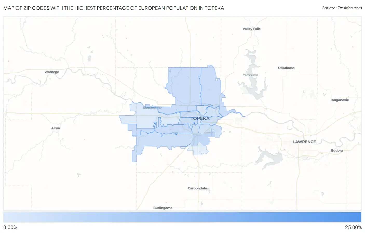 Zip Codes with the Highest Percentage of European Population in Topeka Map