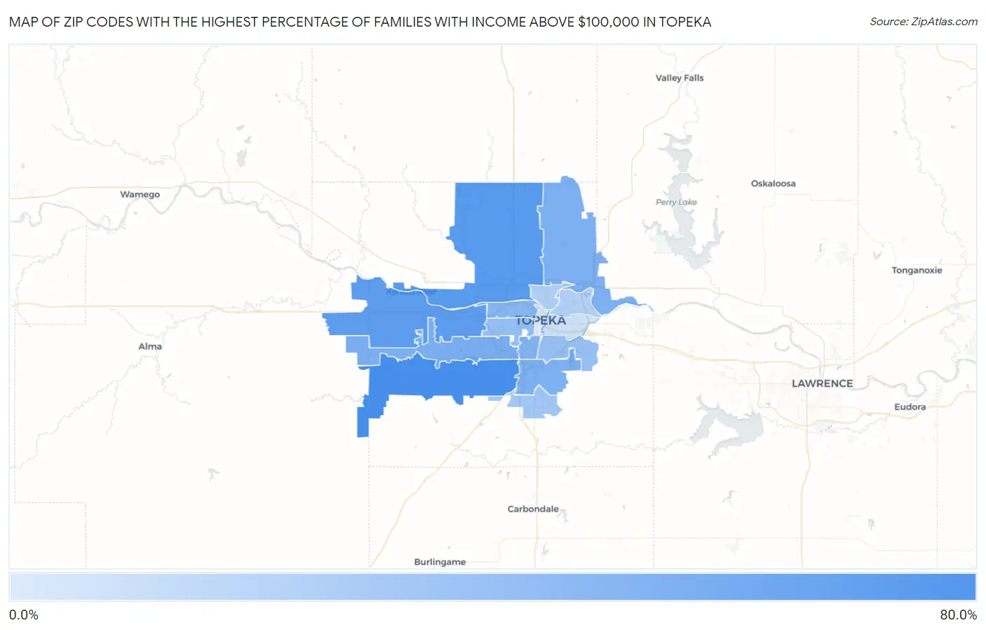 Zip Codes with the Highest Percentage of Families with Income Above $100,000 in Topeka Map