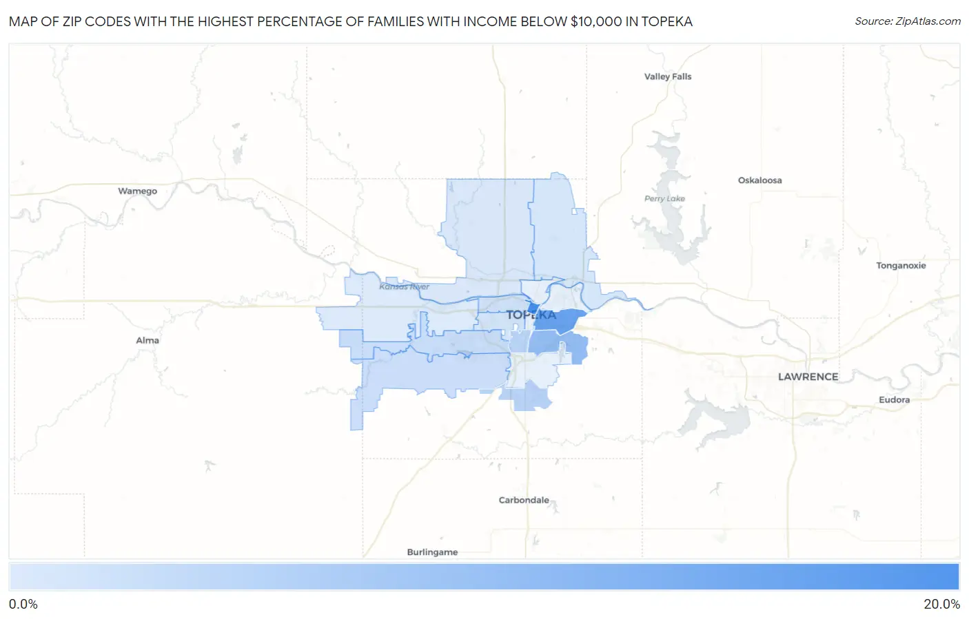 Zip Codes with the Highest Percentage of Families with Income Below $10,000 in Topeka Map