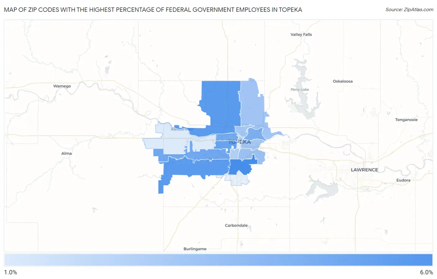 Zip Codes with the Highest Percentage of Federal Government Employees in Topeka Map