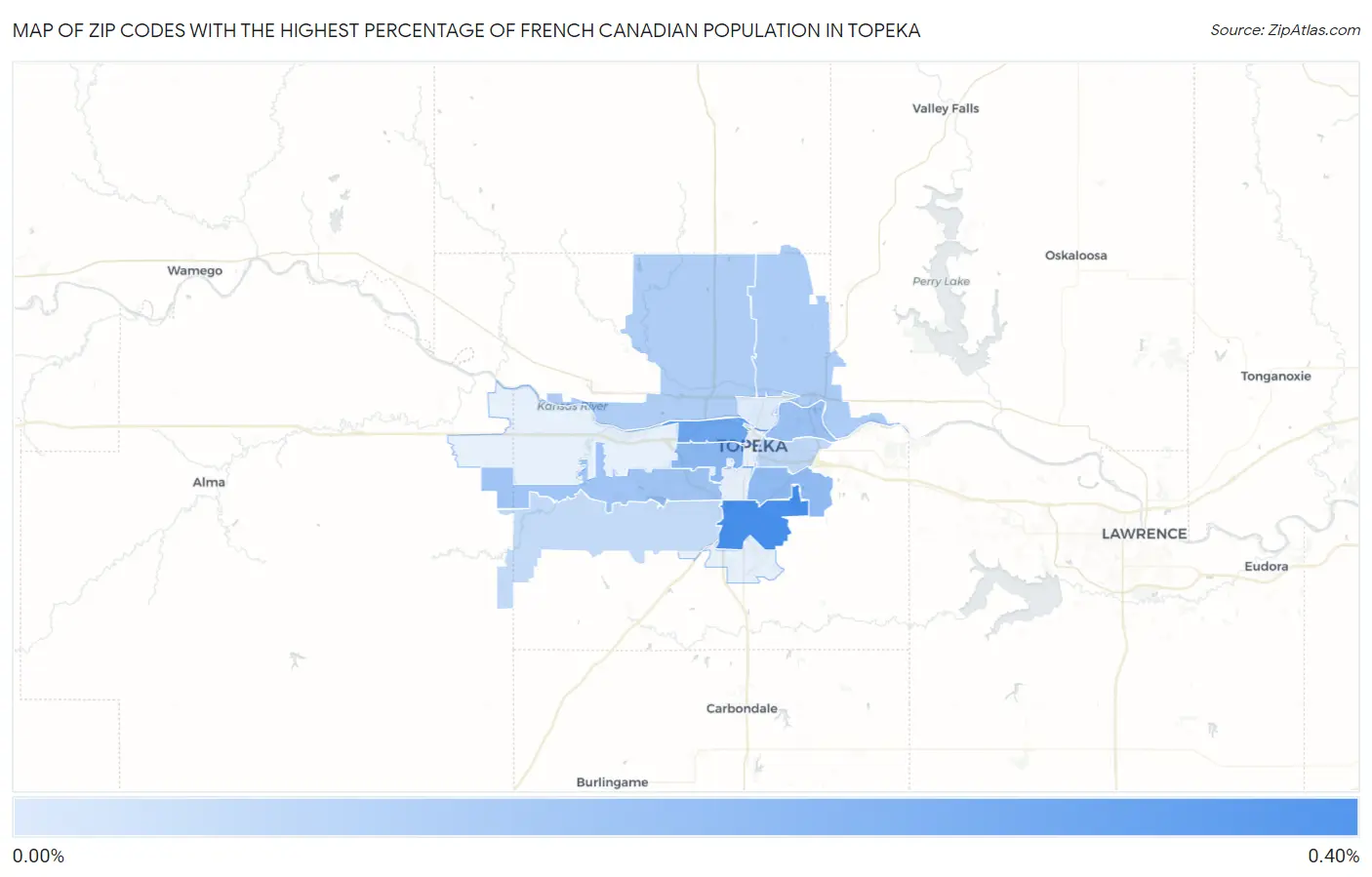 Zip Codes with the Highest Percentage of French Canadian Population in Topeka Map