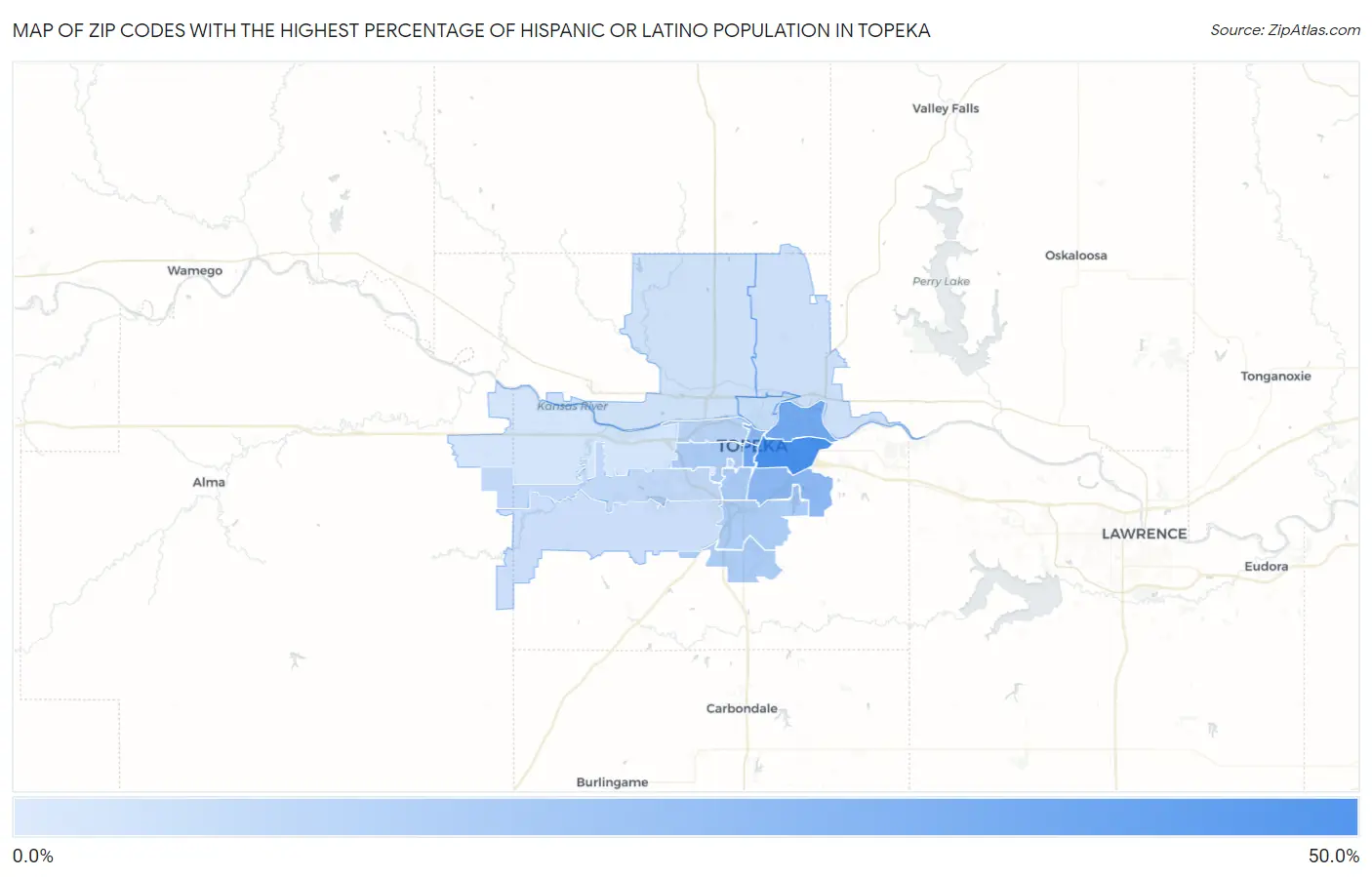Zip Codes with the Highest Percentage of Hispanic or Latino Population in Topeka Map