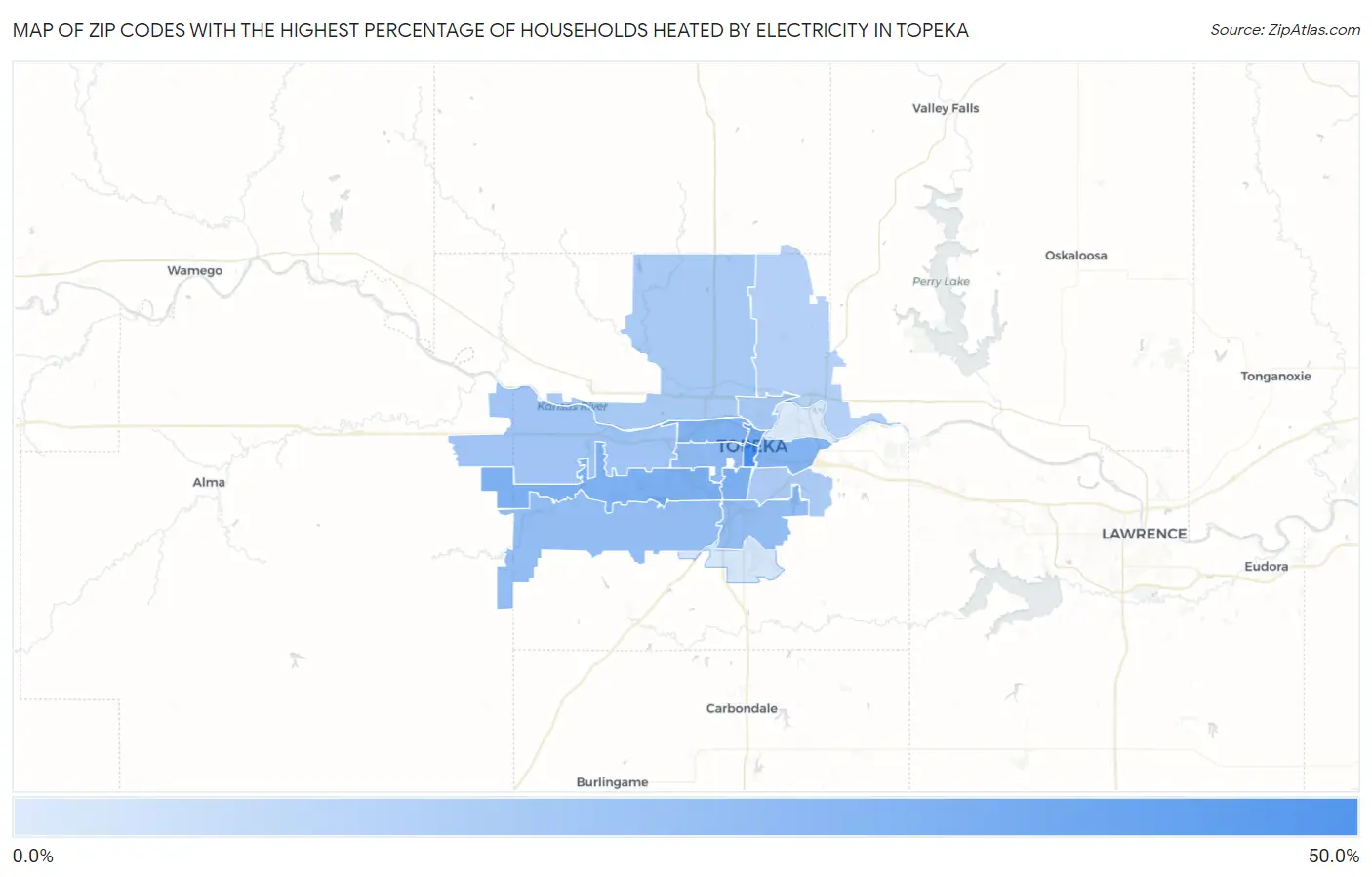 Zip Codes with the Highest Percentage of Households Heated by Electricity in Topeka Map