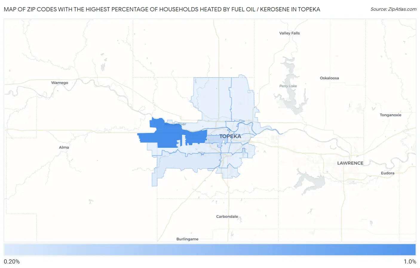 Zip Codes with the Highest Percentage of Households Heated by Fuel Oil / Kerosene in Topeka Map