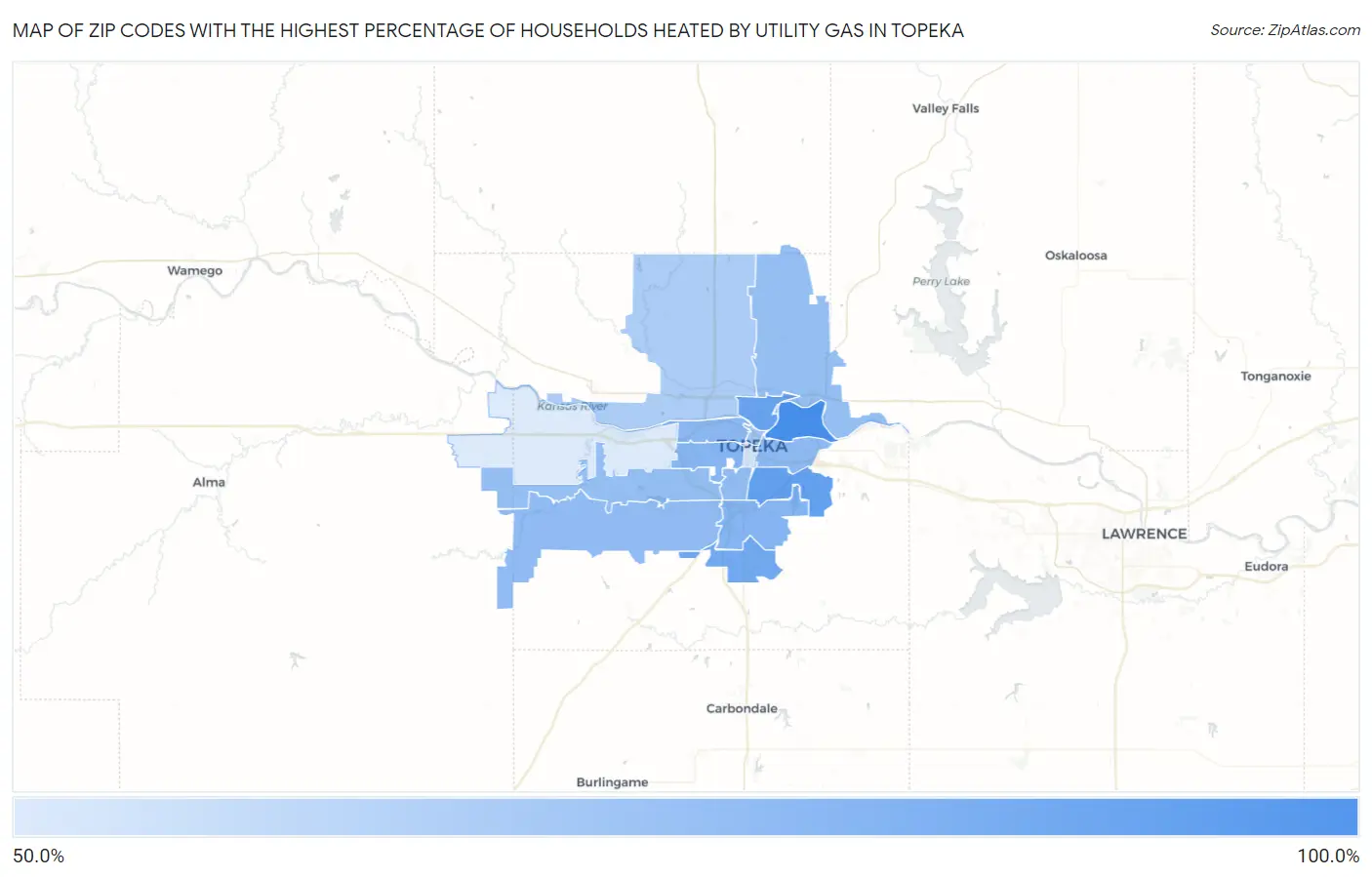 Zip Codes with the Highest Percentage of Households Heated by Utility Gas in Topeka Map