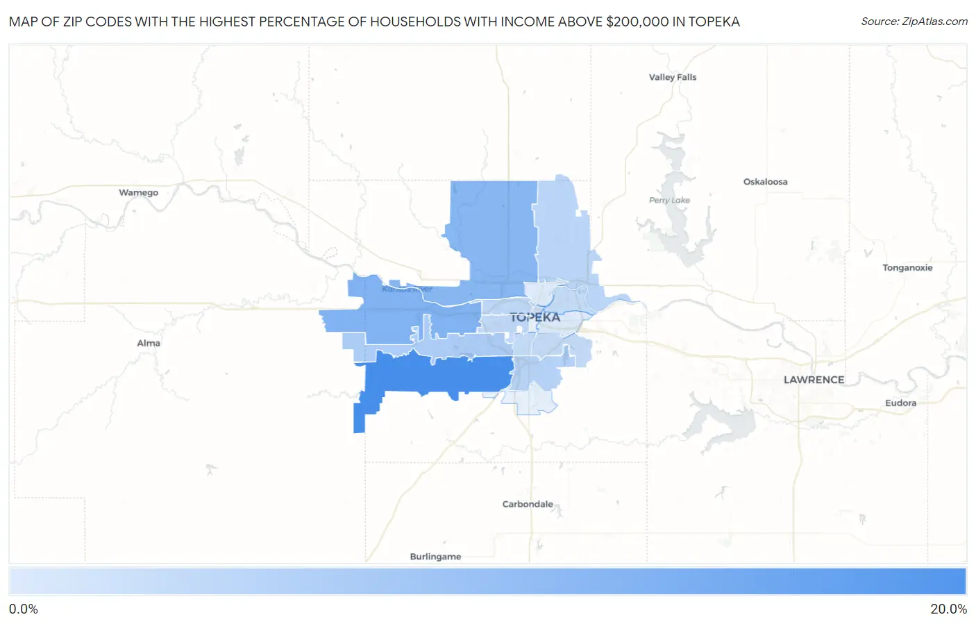 Zip Codes with the Highest Percentage of Households with Income Above $200,000 in Topeka Map