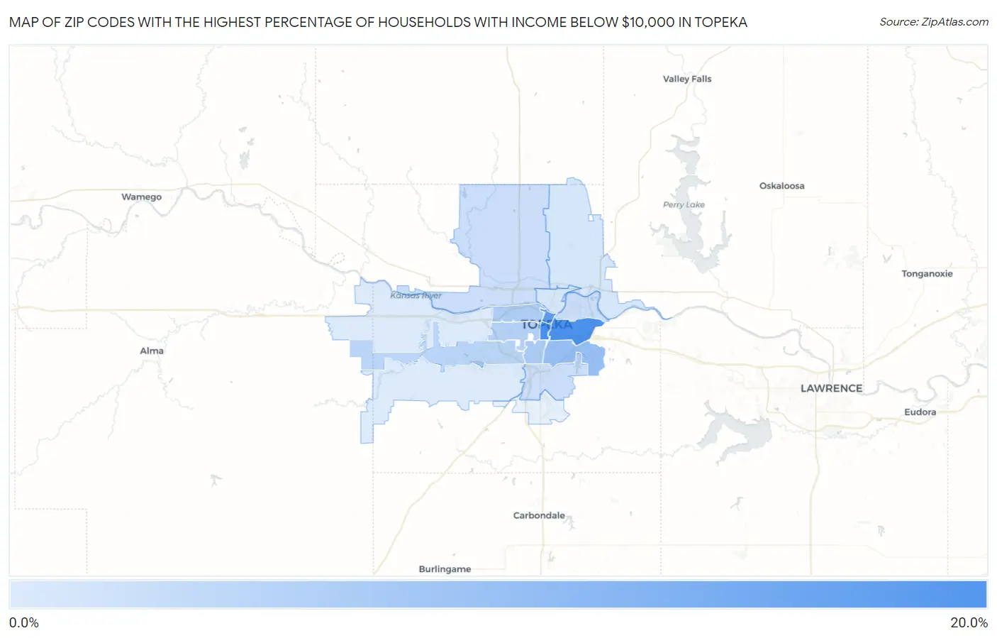 Zip Codes with the Highest Percentage of Households with Income Below $10,000 in Topeka Map