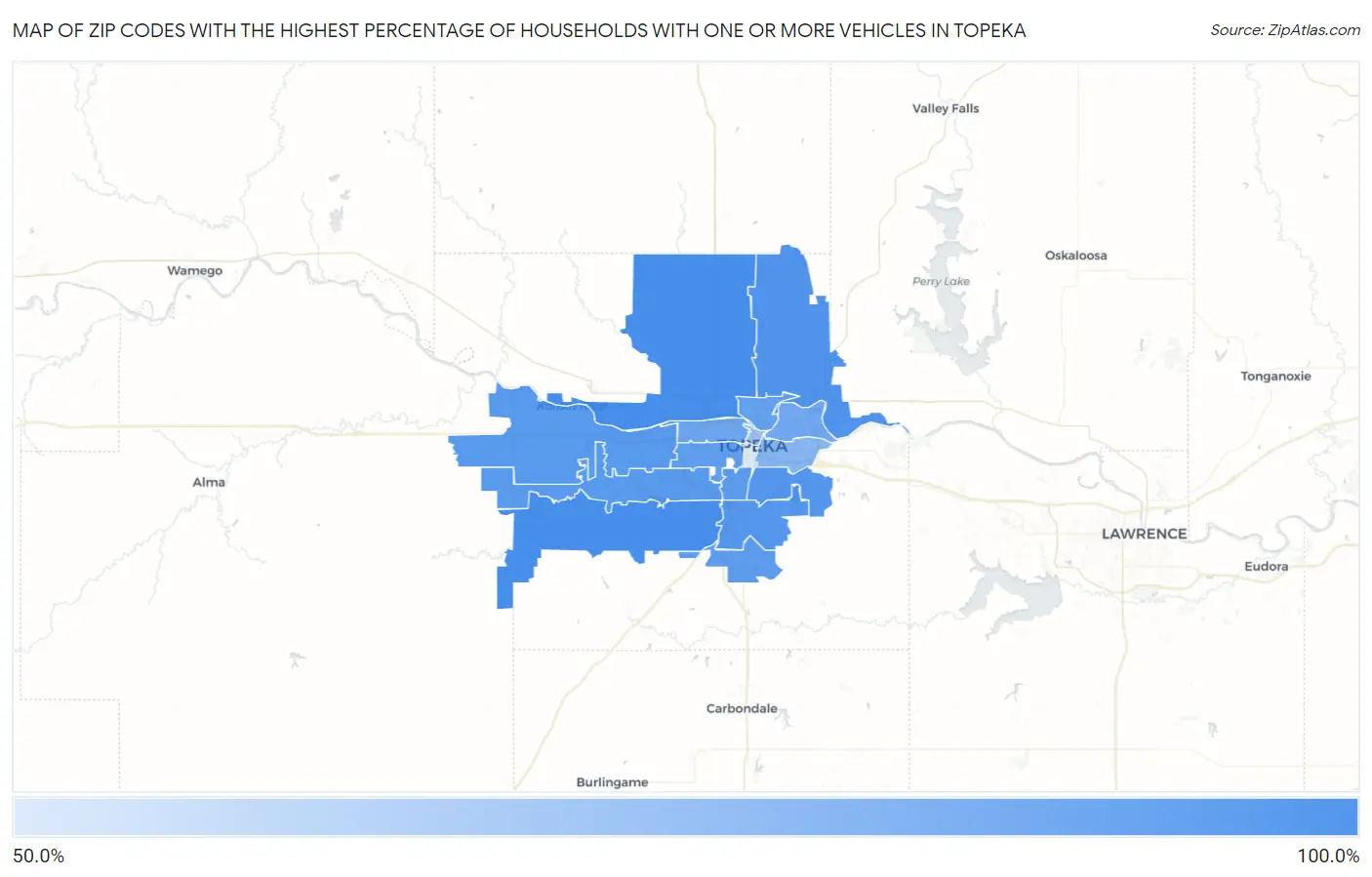 Zip Codes with the Highest Percentage of Households With One or more Vehicles in Topeka Map