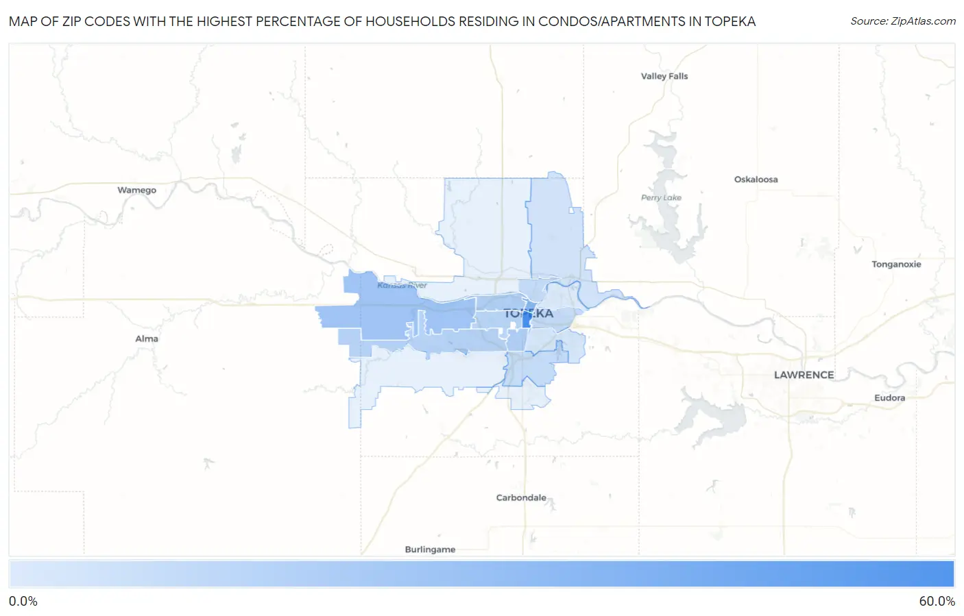 Zip Codes with the Highest Percentage of Households Residing in Condos/Apartments in Topeka Map