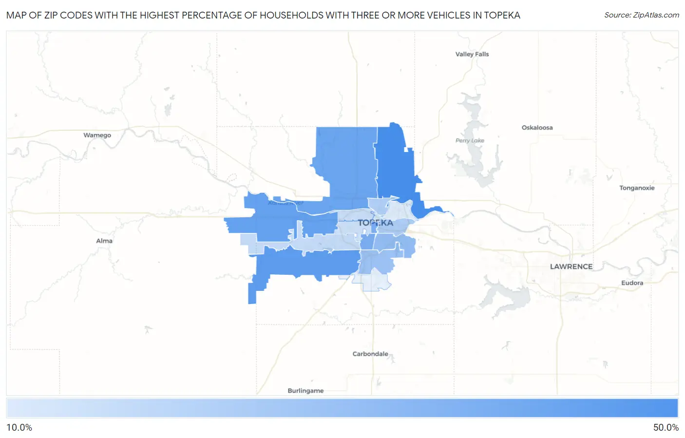Zip Codes with the Highest Percentage of Households With Three or more Vehicles in Topeka Map