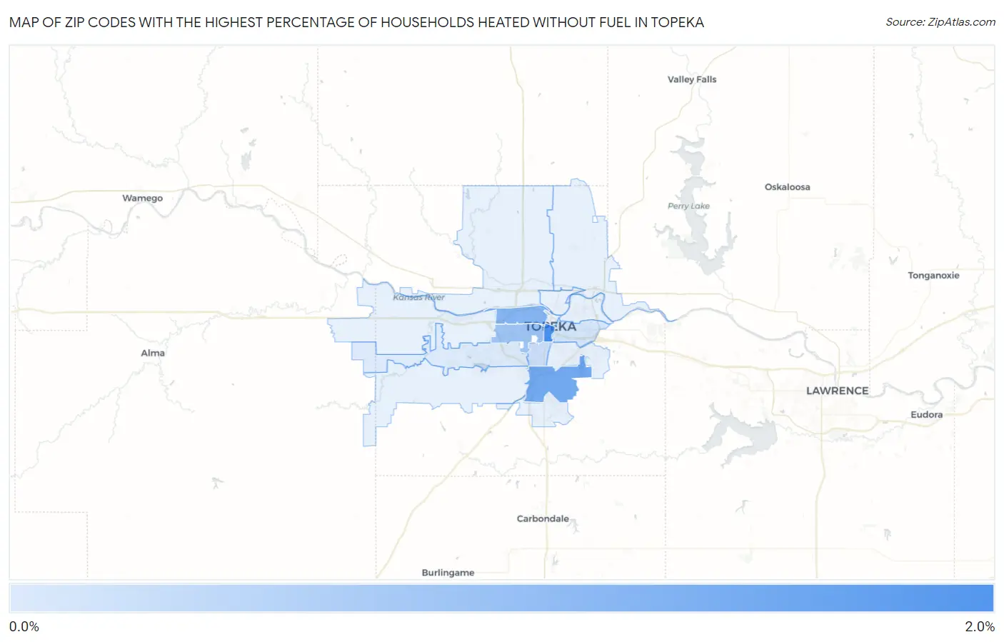 Zip Codes with the Highest Percentage of Households Heated without Fuel in Topeka Map