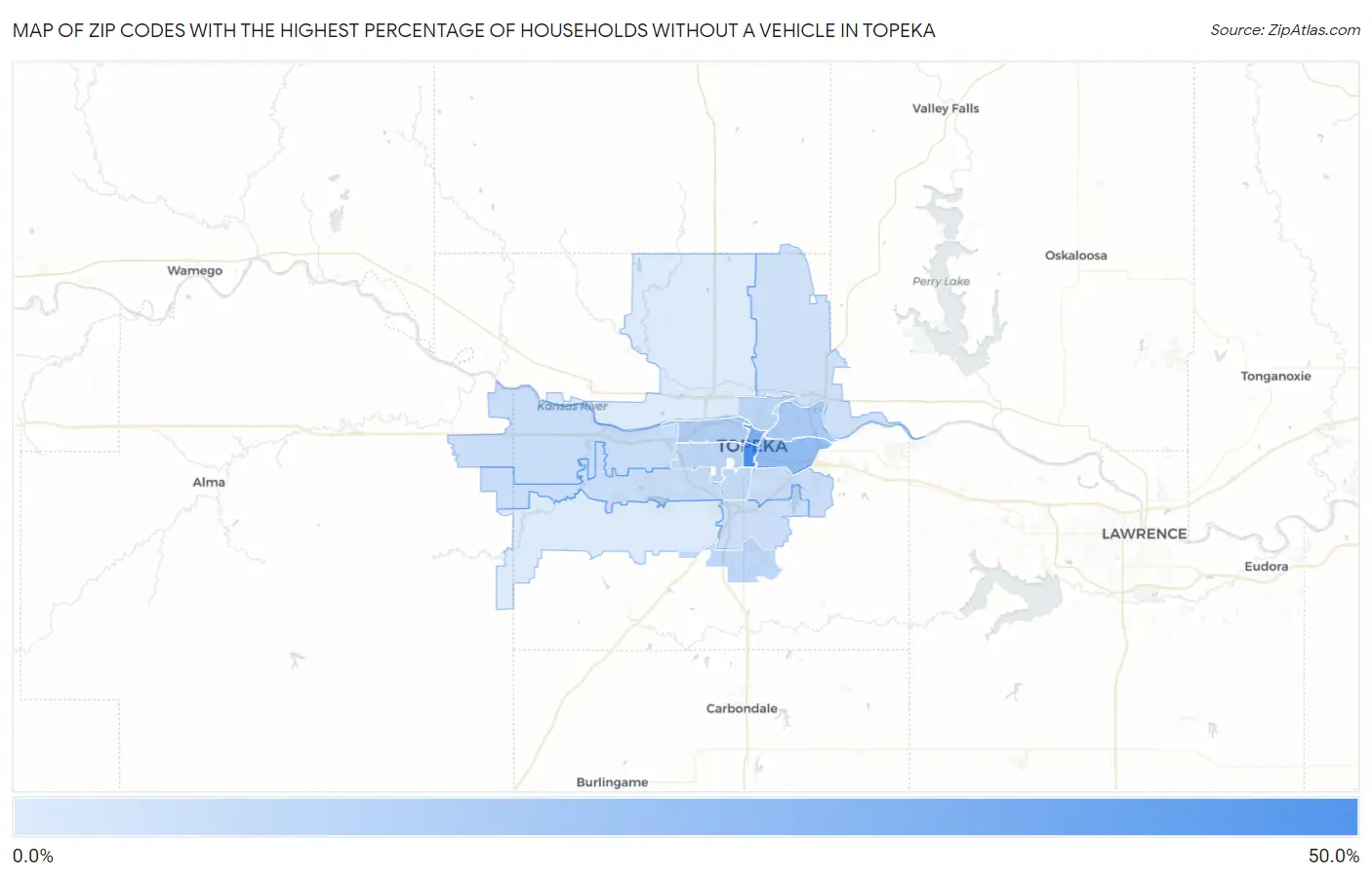 Zip Codes with the Highest Percentage of Households Without a Vehicle in Topeka Map