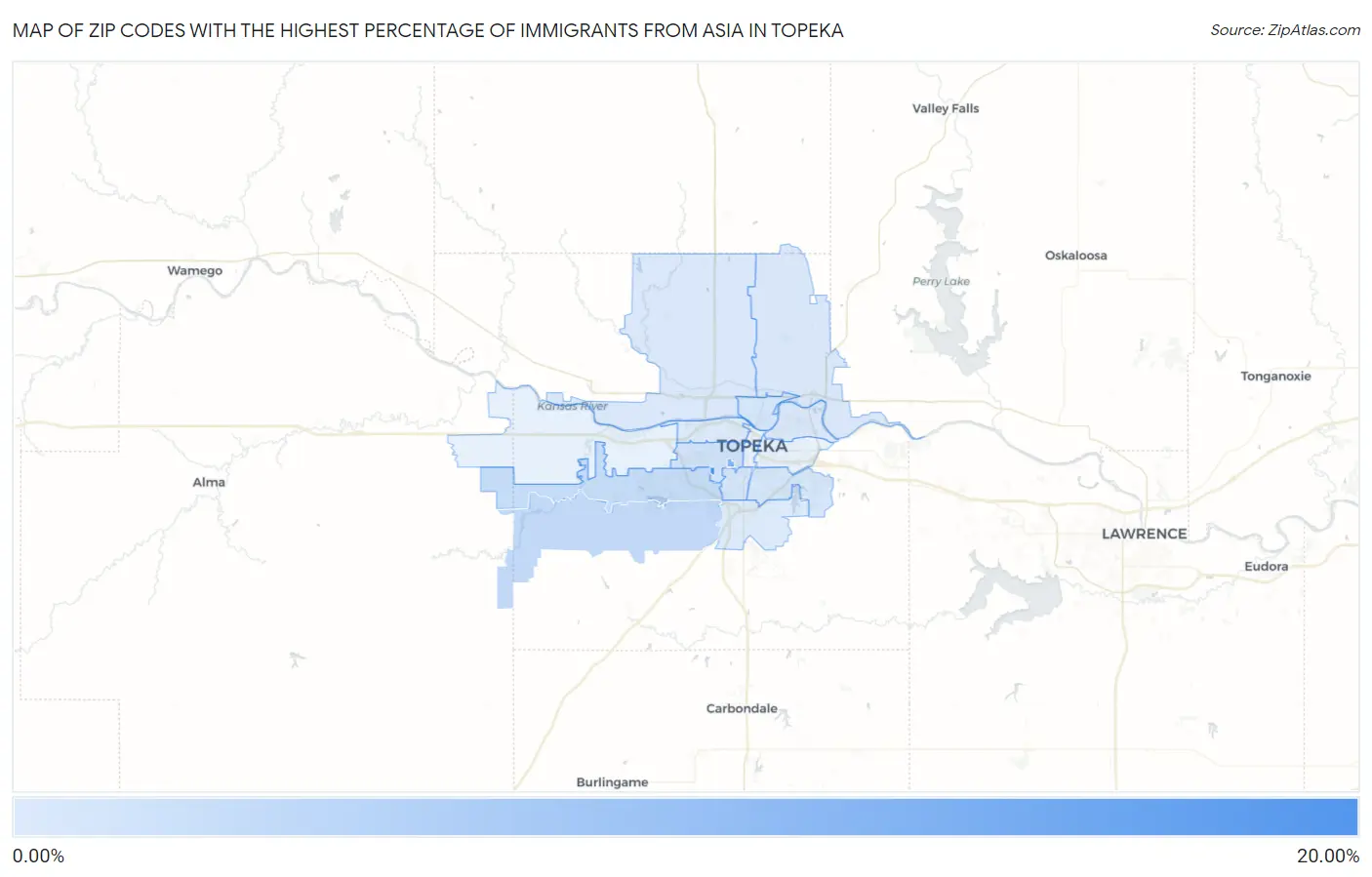Zip Codes with the Highest Percentage of Immigrants from Asia in Topeka Map