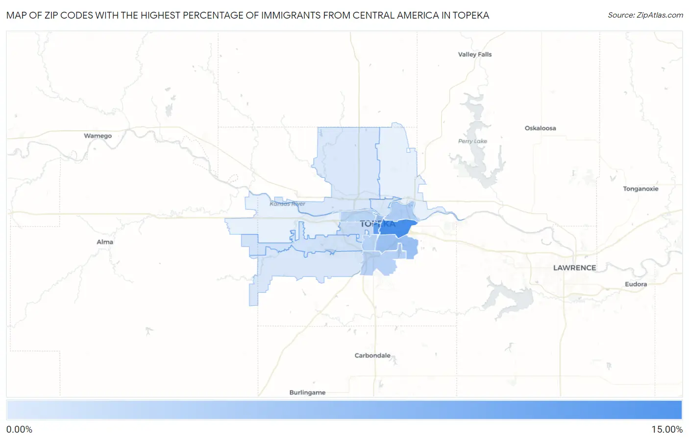Zip Codes with the Highest Percentage of Immigrants from Central America in Topeka Map