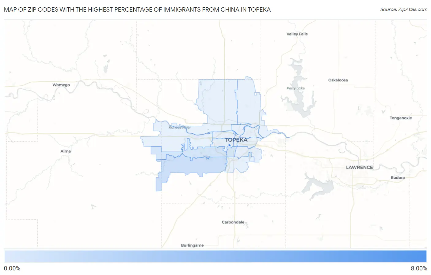 Zip Codes with the Highest Percentage of Immigrants from China in Topeka Map