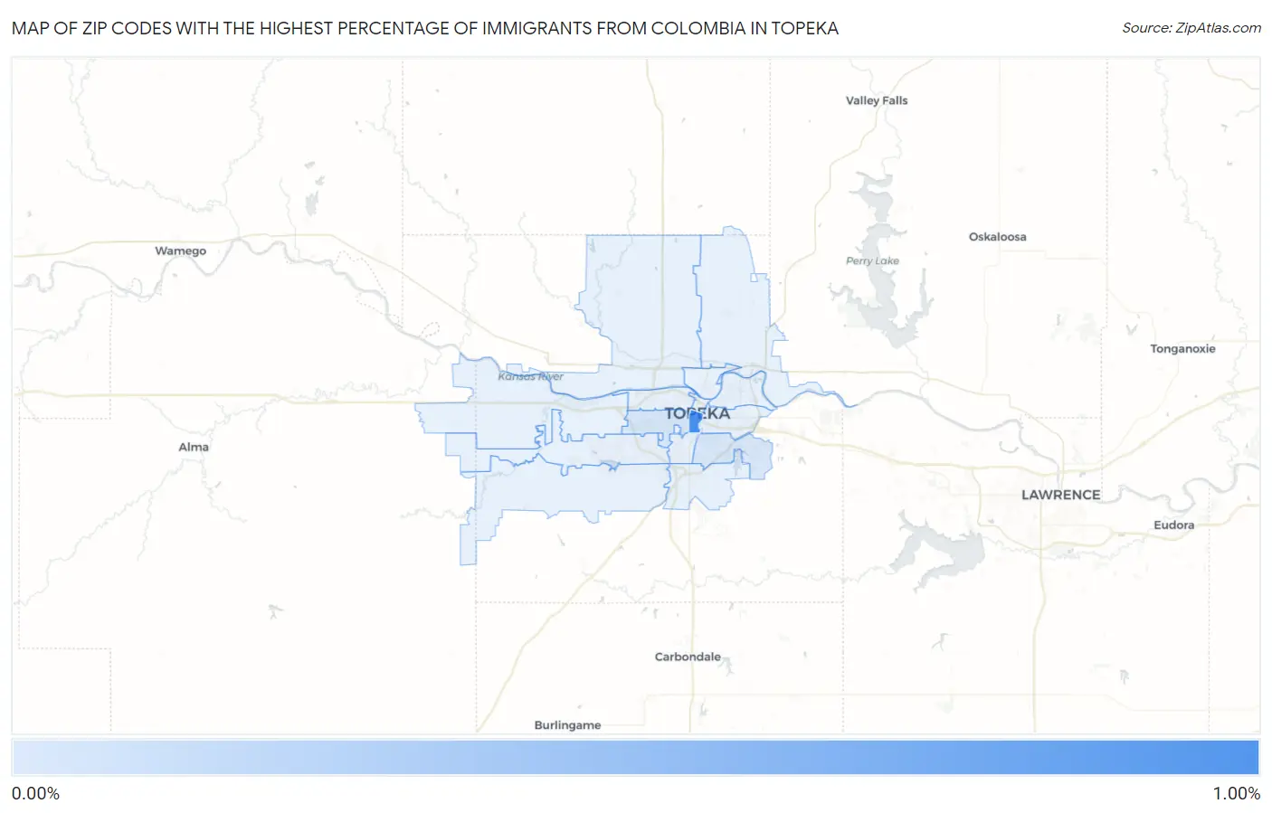 Zip Codes with the Highest Percentage of Immigrants from Colombia in Topeka Map