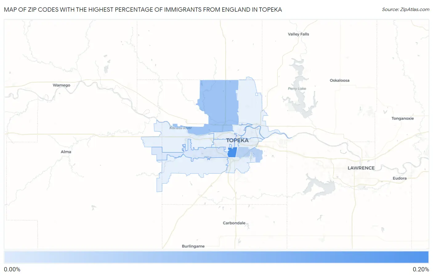 Zip Codes with the Highest Percentage of Immigrants from England in Topeka Map