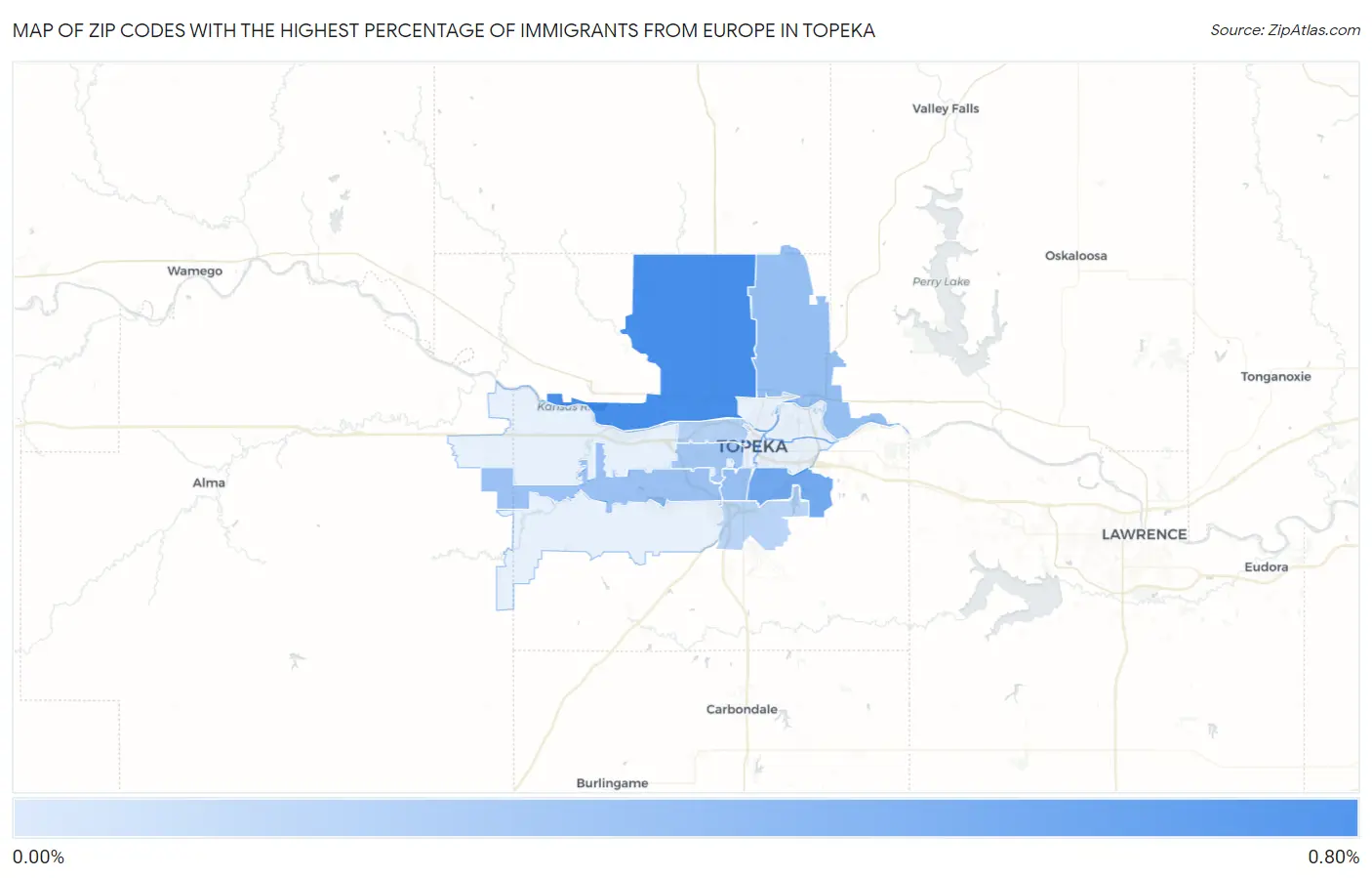 Zip Codes with the Highest Percentage of Immigrants from Europe in Topeka Map