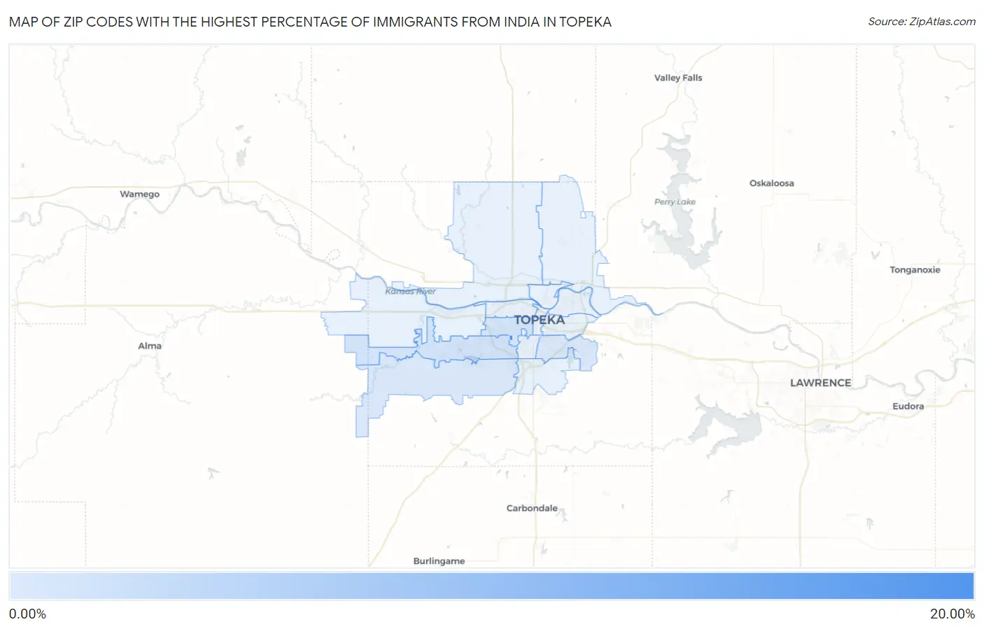 Zip Codes with the Highest Percentage of Immigrants from India in Topeka Map