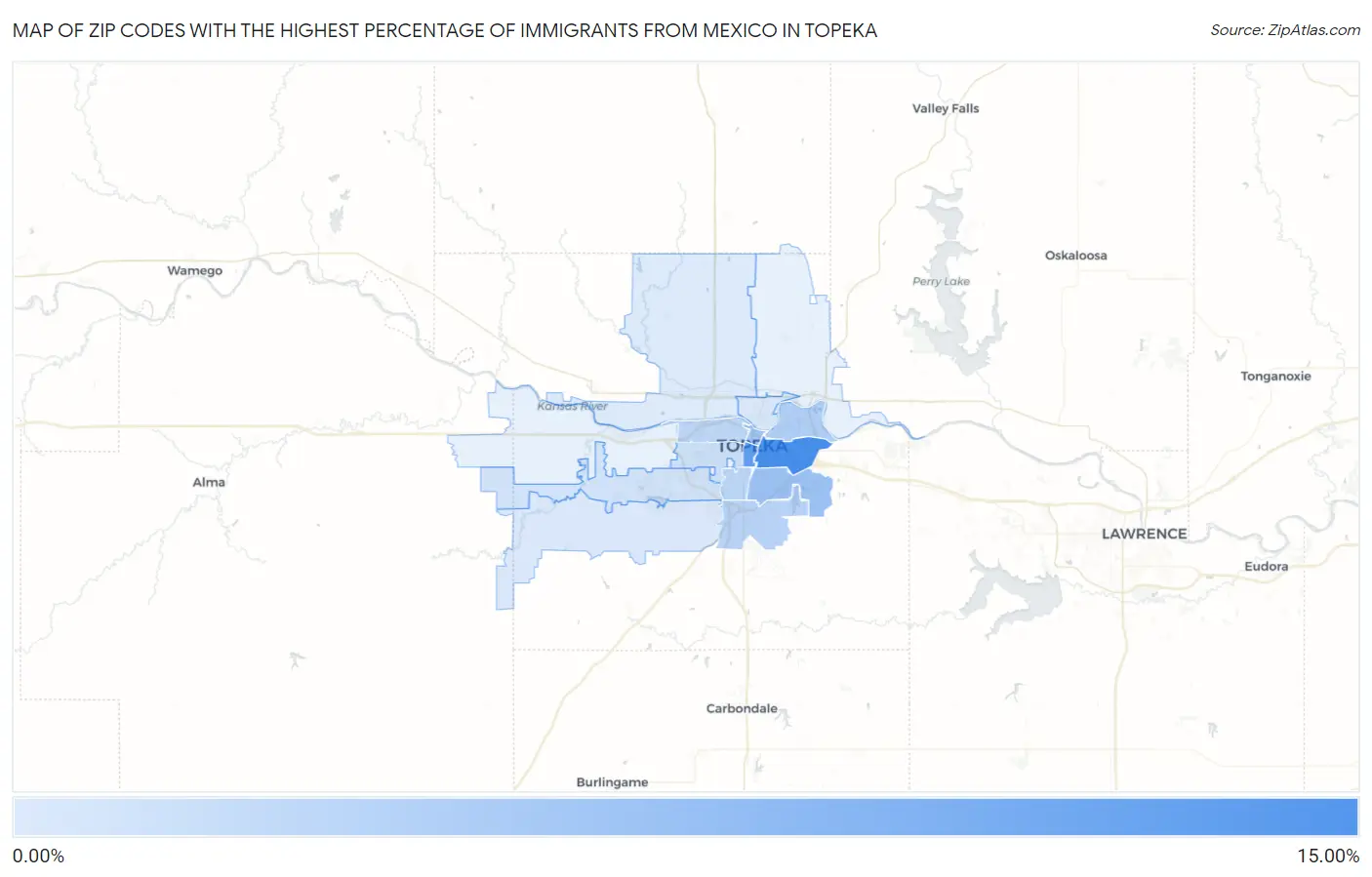 Zip Codes with the Highest Percentage of Immigrants from Mexico in Topeka Map