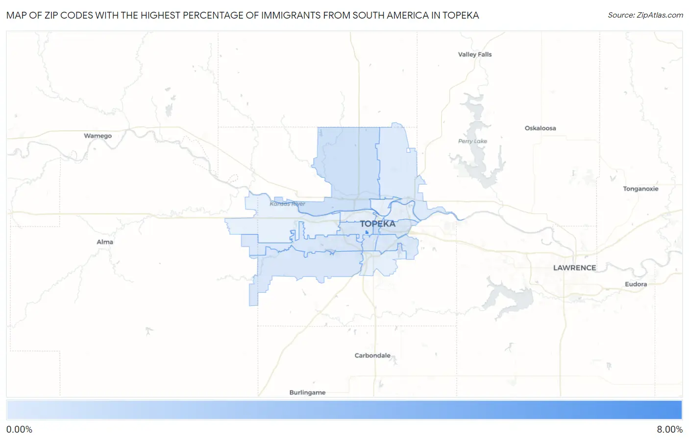 Zip Codes with the Highest Percentage of Immigrants from South America in Topeka Map