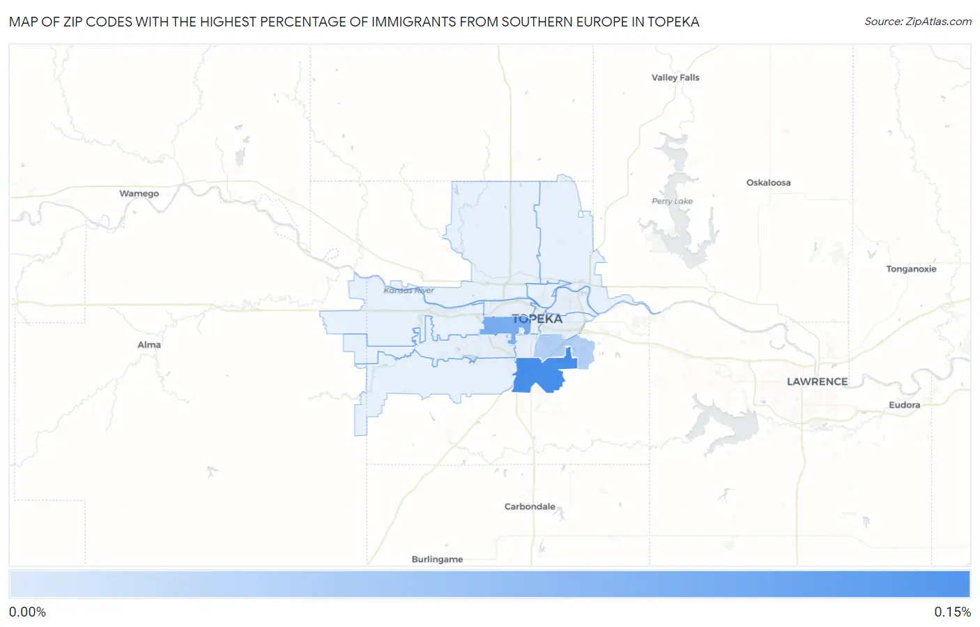 Zip Codes with the Highest Percentage of Immigrants from Southern Europe in Topeka Map