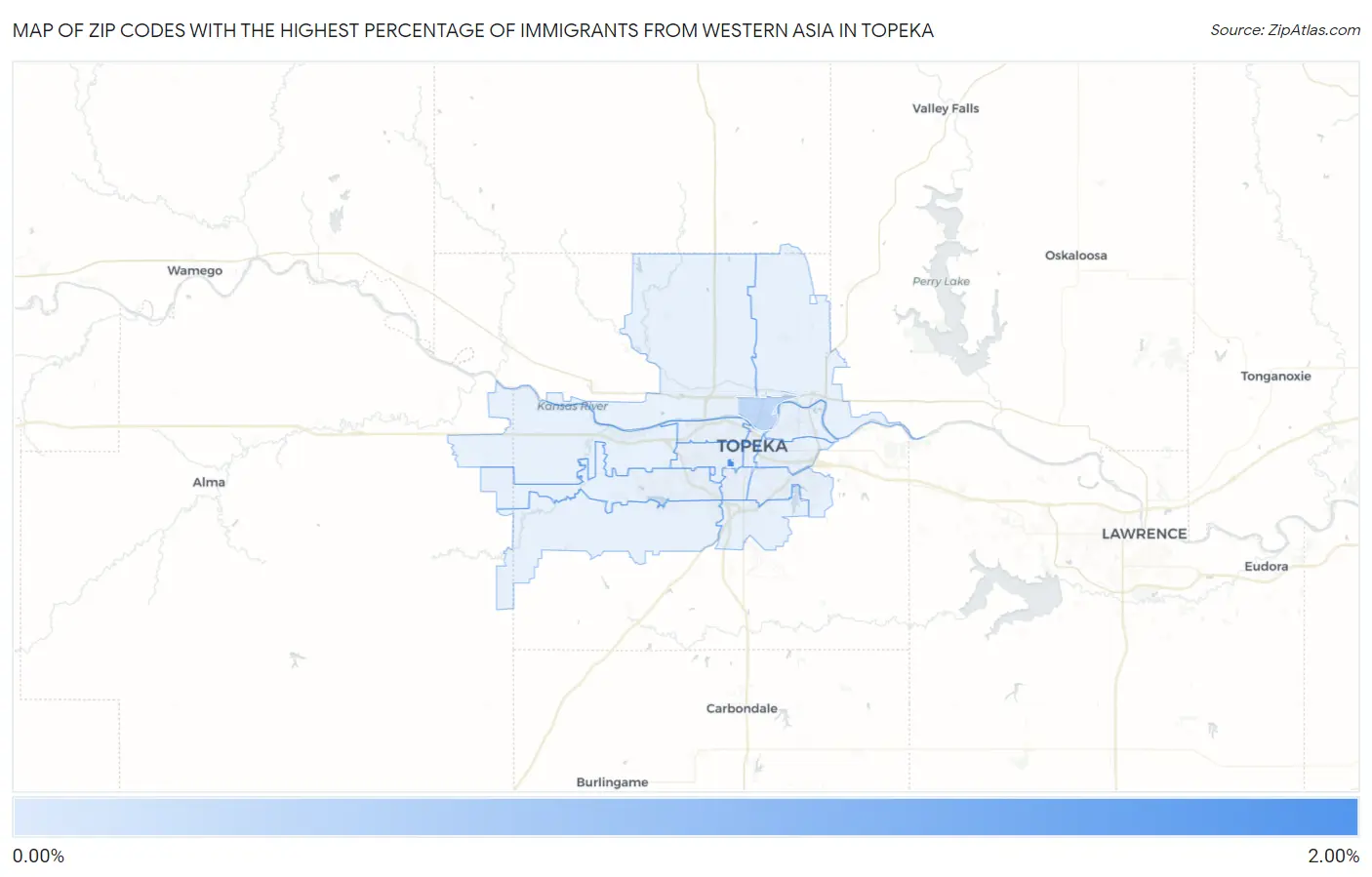 Zip Codes with the Highest Percentage of Immigrants from Western Asia in Topeka Map