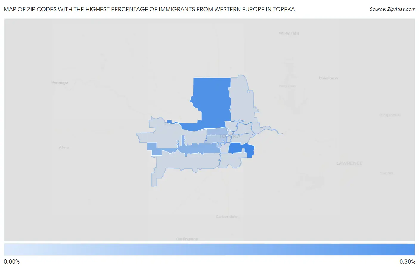 Zip Codes with the Highest Percentage of Immigrants from Western Europe in Topeka Map