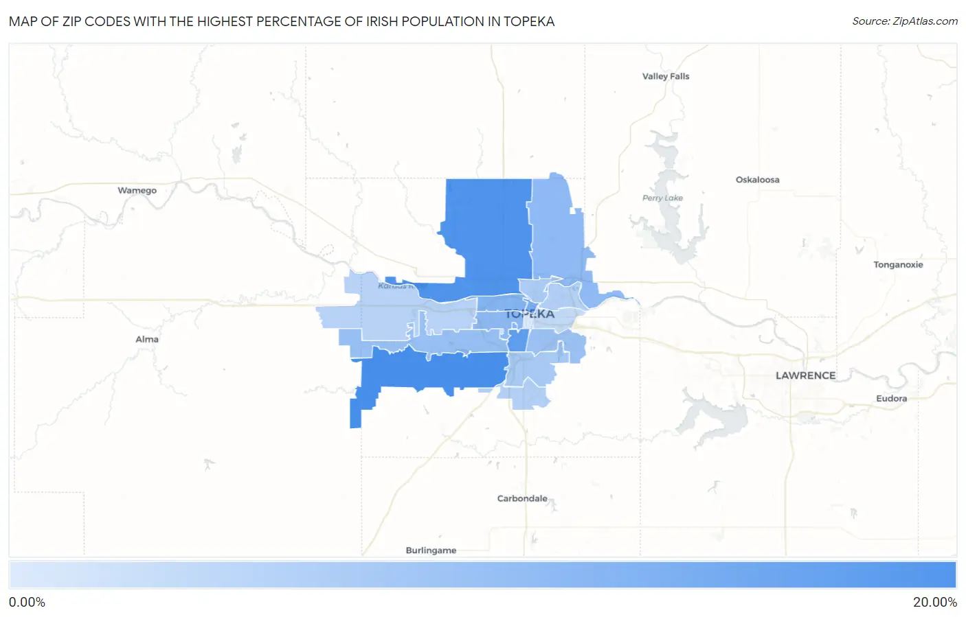 Zip Codes with the Highest Percentage of Irish Population in Topeka Map