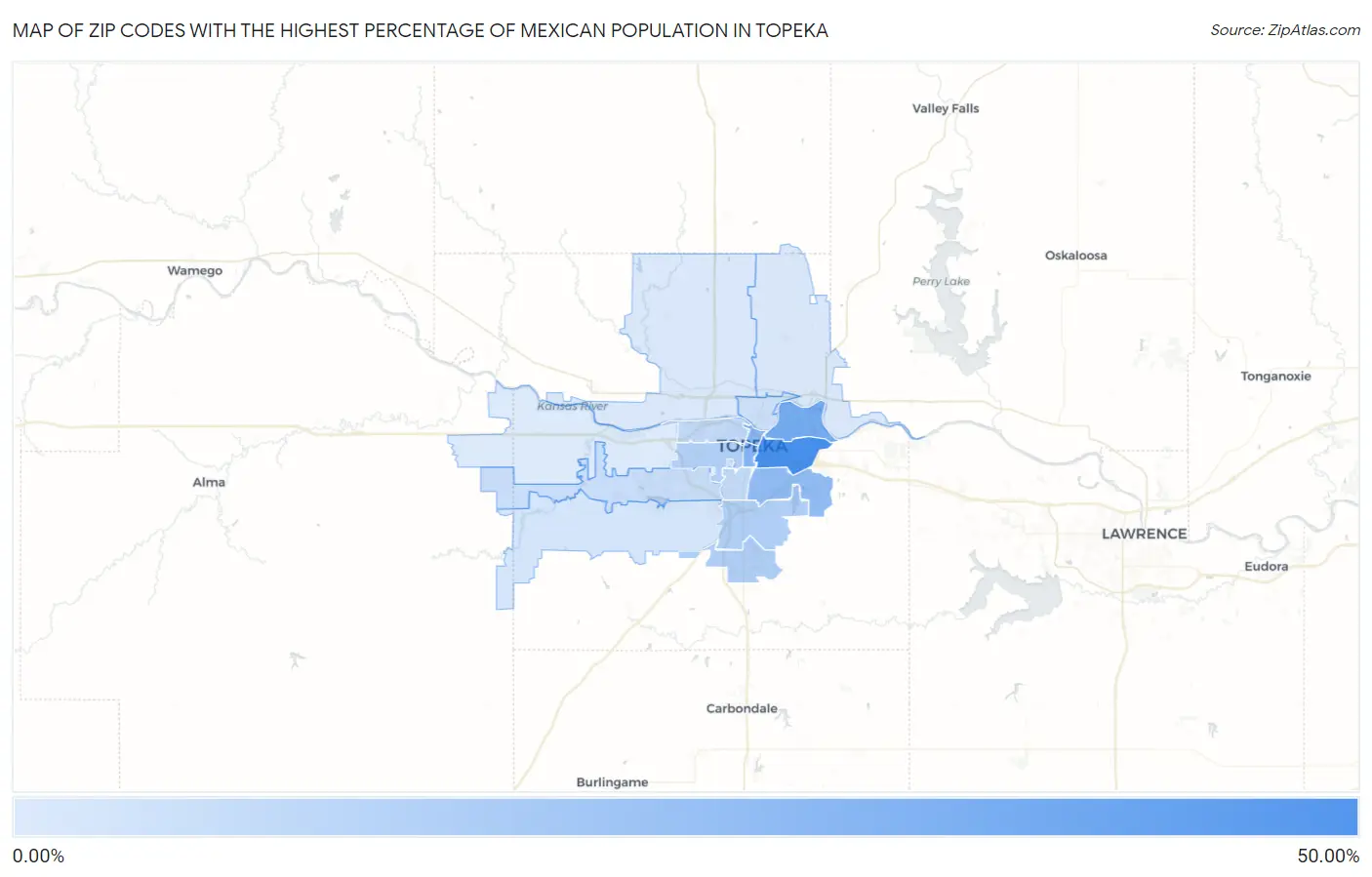 Zip Codes with the Highest Percentage of Mexican Population in Topeka Map